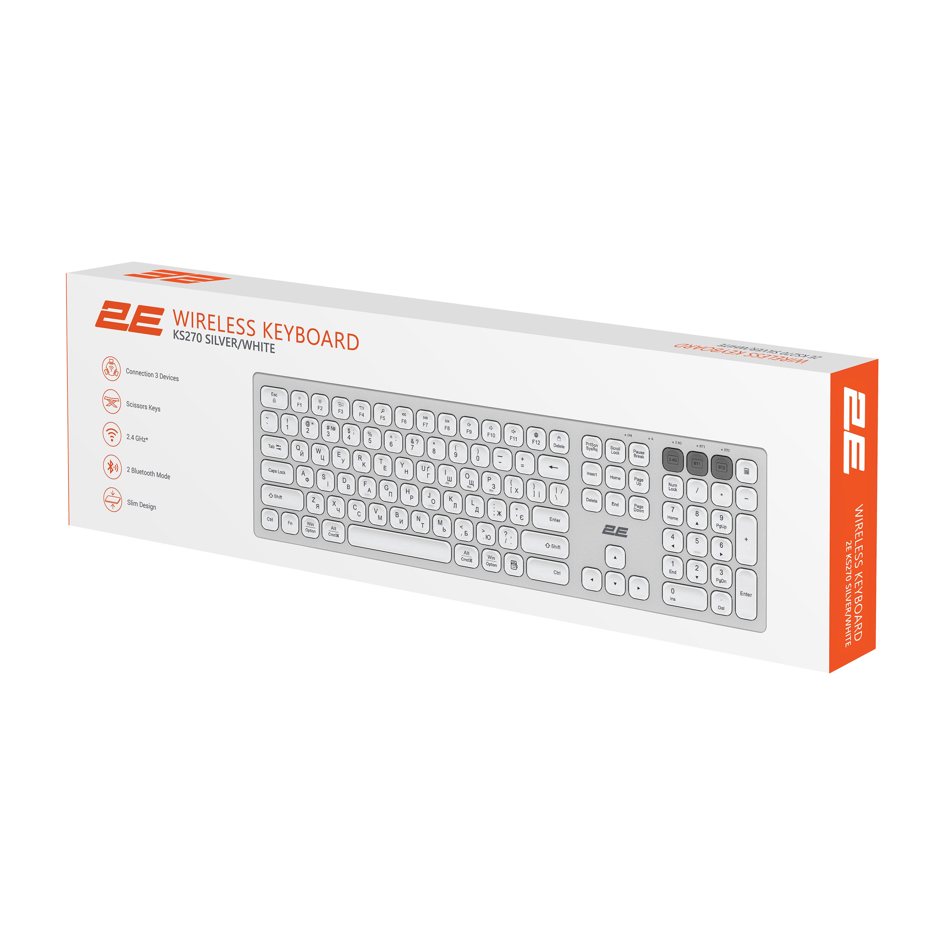 Клавіатура ножична бездротова 2E KS270 з металевою панеллю Сріблястий/Білий (2E-KS270WBWH_UA) - фото 9 Клавіатура ножична бездротова 2E KS270 з металевою панеллю Сріблястий/Білий (2E-KS270WBWH_UA) - фото 9