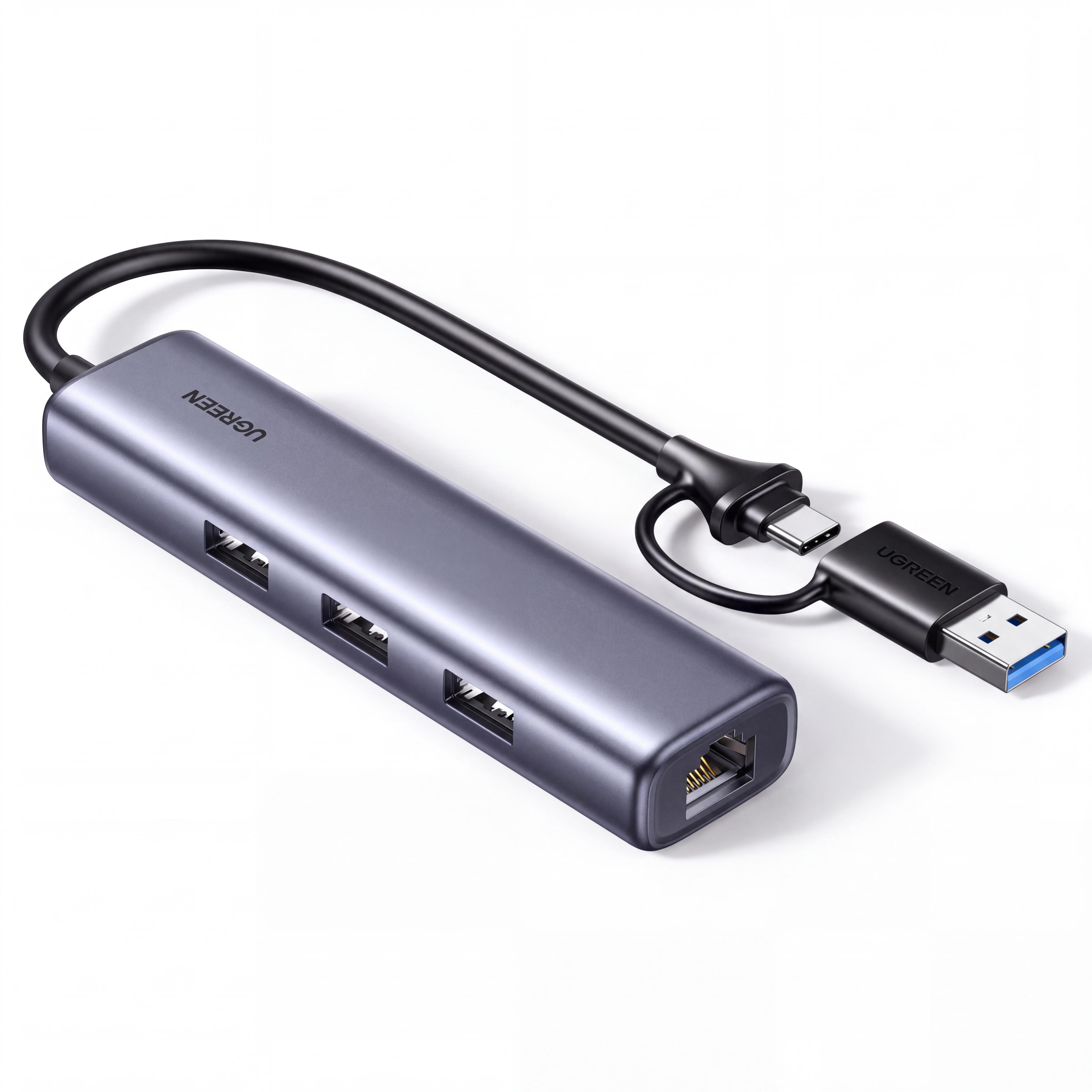 Сетевой USB-C/USB-A адаптер с хабом UGREEN CM811 1 RJ45 и 3 USB-A Ethernet до 1 Гбит/с USB 3.0 до 5 Гбит/с Серый (95538)