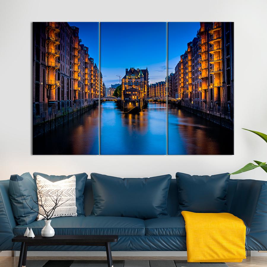 Картина город Огни вечернего Гамбурга 156x100 см (A653-3)