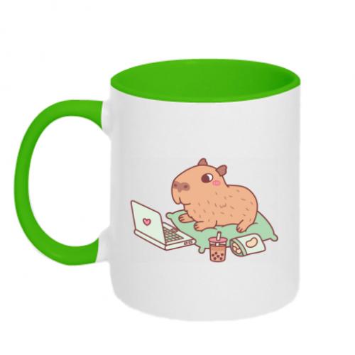 Чашка керамическая двухцветная Capybara with laptop 320 мл Белый/Зеленый (12975754-37-182922)