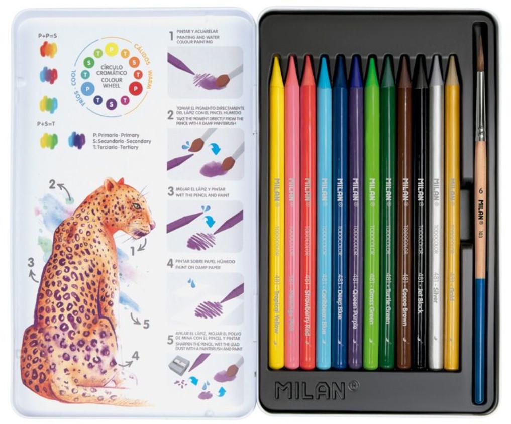 Набір кольорових акварельних олівців MILAN 12 шт. та пензлик коза №6