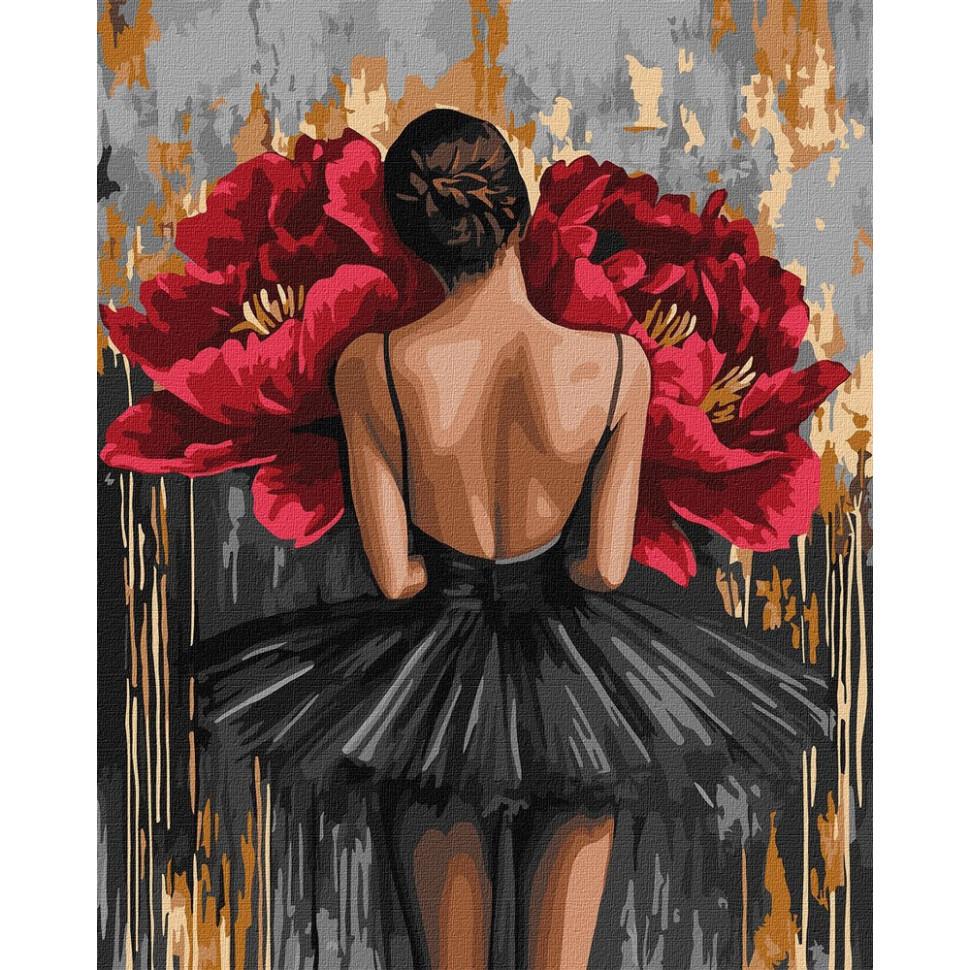 Картина по номерам Ideyka Балерина с красными пионами с красками металлик 40x50 см (KHO8664)