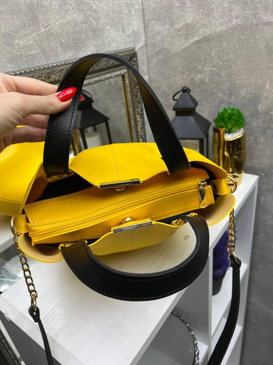 Сумка большая женская элегантная вместительная через плечо из экокожи плечевой ремешок Желтый с черным - фото 7 Сумка большая женская элегантная вместительная через плечо из экокожи плечевой ремешок Желтый с черным - фото 7