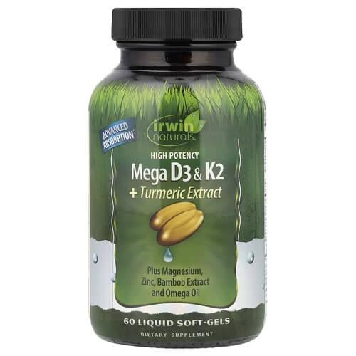 Витамин D3+K-2 Irwin Naturals Mega D3&K2 4000IU/120mcg+Turmeric Extract 60 жидких капс. (IRW-59201)