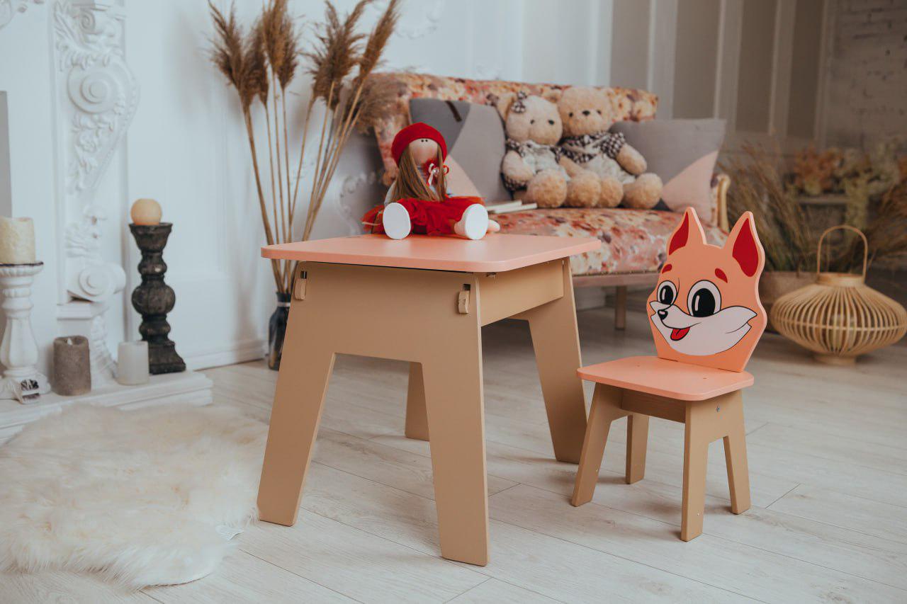 Столик детский прямоугольный с ящиком и стулом Лисичка 52х60х45 см Персиковый (12318323)