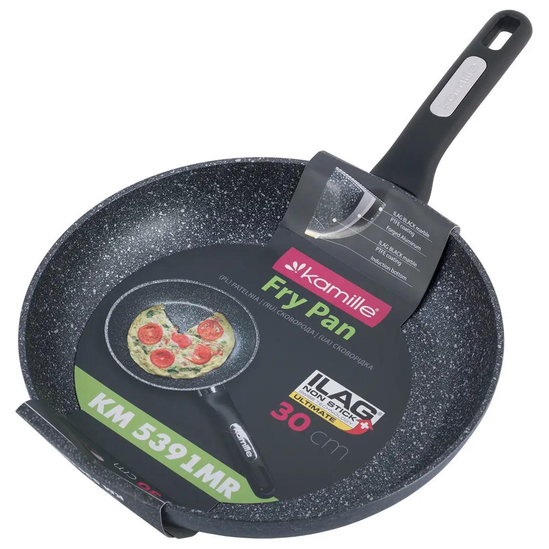 Сковорідка Kamille з алюмінію з антипригарним покриттям ILAG чорний мармур PTFE для індукції та газу 30 см (KM-5391MR)