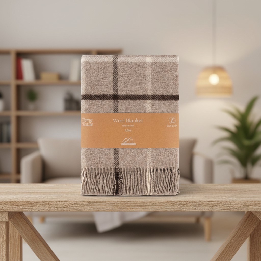 Плед-покрывало мягкий в клетку Ardesto Leonardo Alpina со 100% шерсть шерсть для спальни/гостиной и детской 140x200 см Бежевый (ART0702LM)