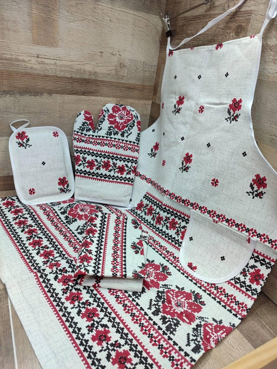 Набор кухонный фартук 3в1 55х73 см Белый с красным (П4К-fartuh0006) - фото 1 Набор кухонный фартук 3в1 55х73 см Белый с красным (П4К-fartuh0006) - фото 1