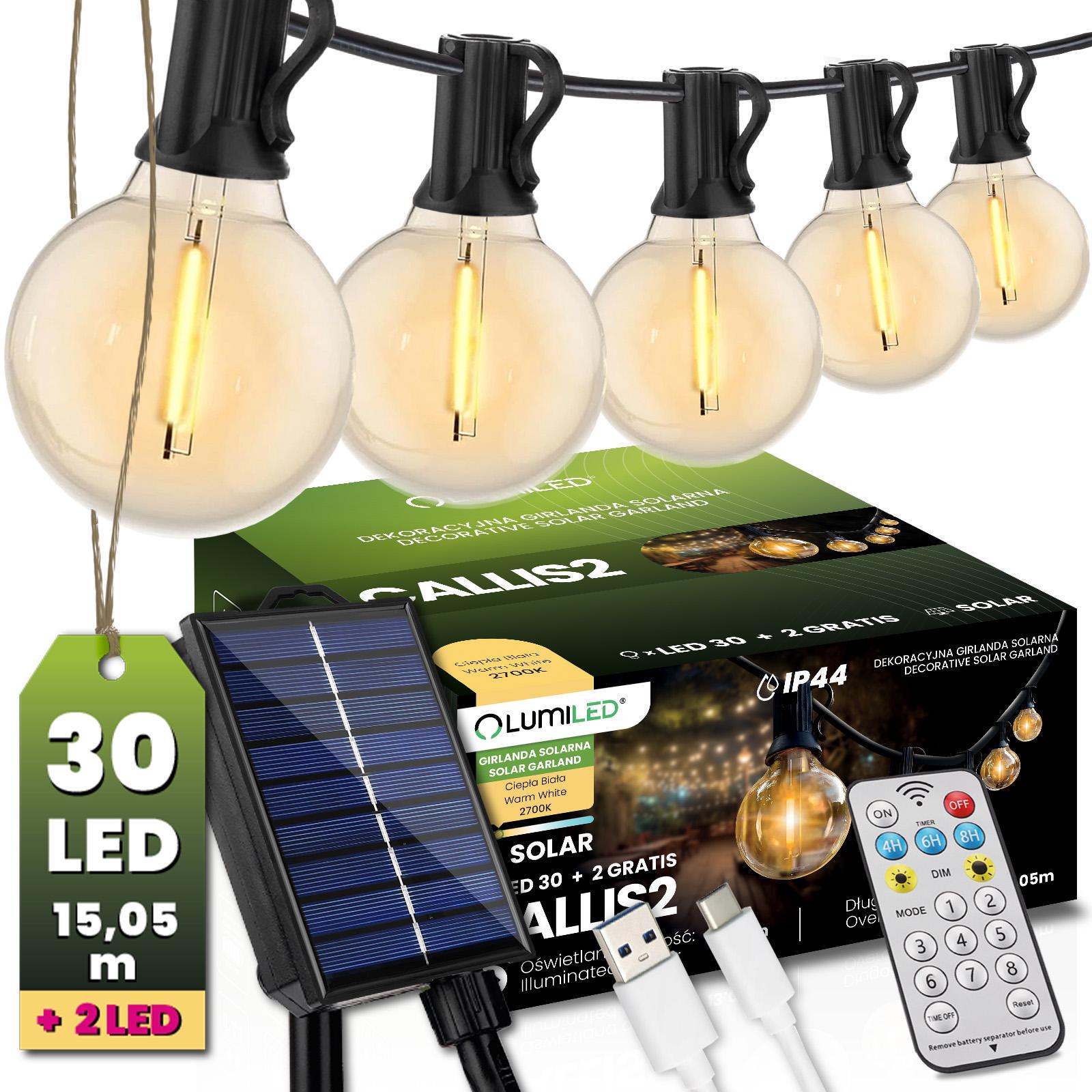 Гирлянда на солнечной батарее Lumiled Callis2 30 LED-фонариков и 2 шт. 15,05 м 2700 K IP44 с пультом/зарядка USB (10693) Гирлянда на солнечной батарее Lumiled Callis2 30 LED-фонариков и 2 шт. 15,05 м 2700 K IP44 с пультом/зарядка USB (10693)