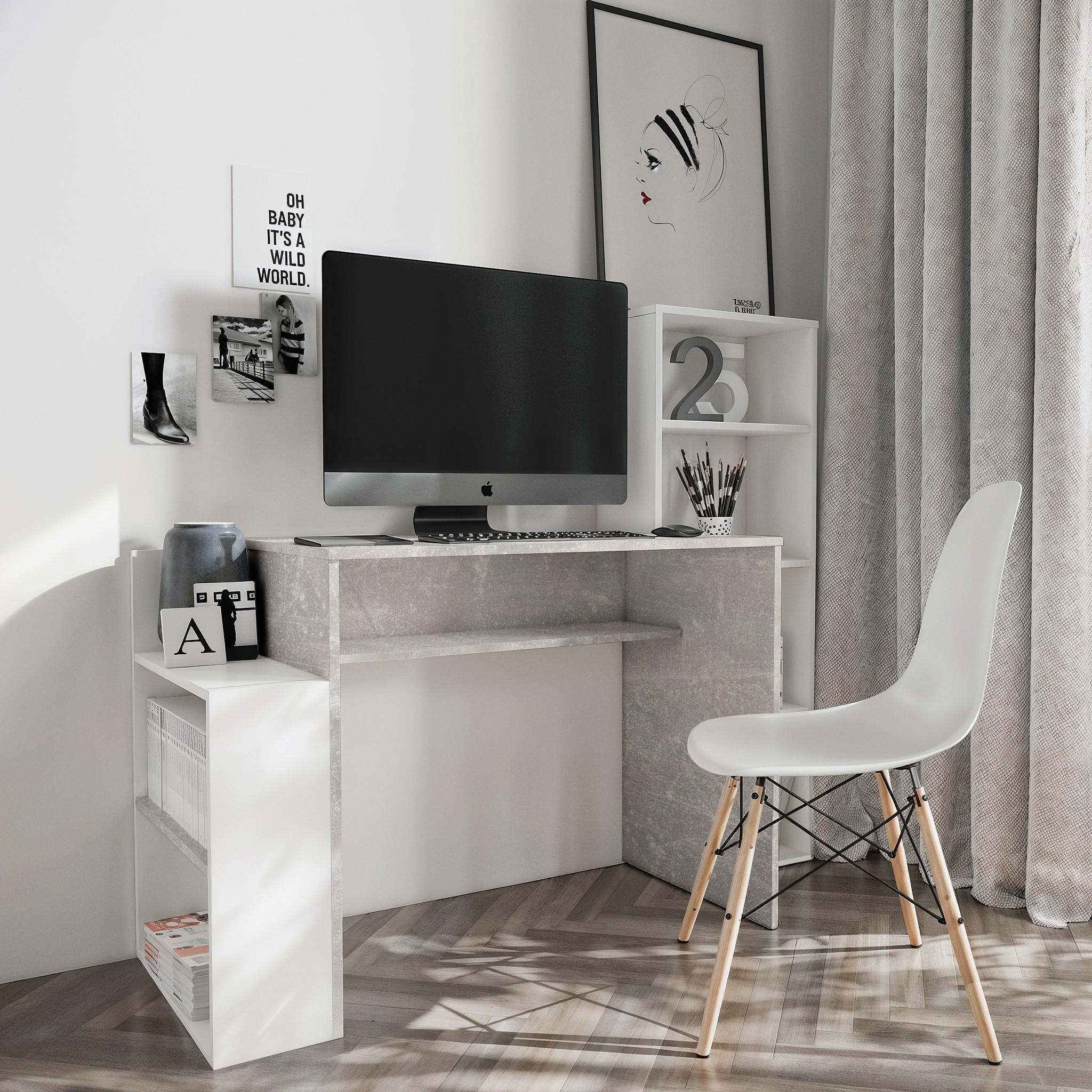 Стол письменный с полками FST-25 1450х500х1220 мм Бетон/Белый