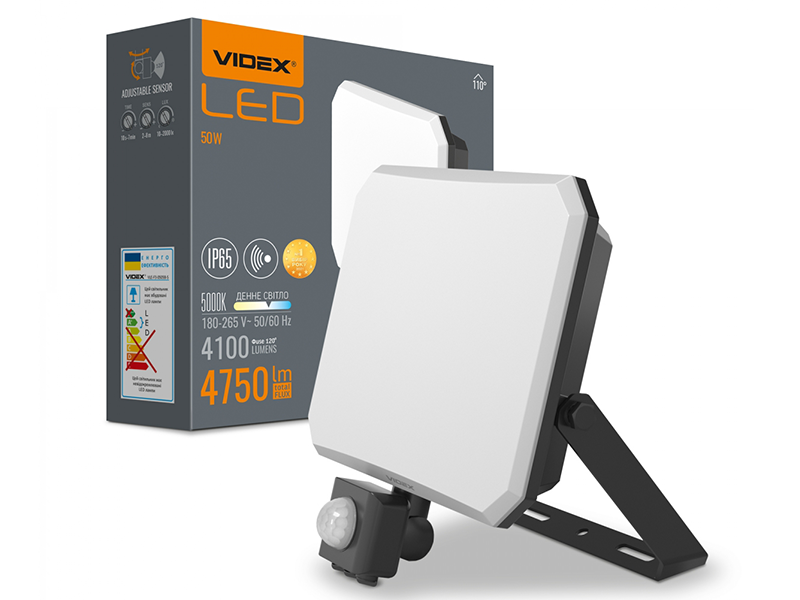 Прожектор светодиодный Videx F3 VLE-F3-0505B-S с датчиком движения и освещенности 50W 5000K 220 V Black (7464)