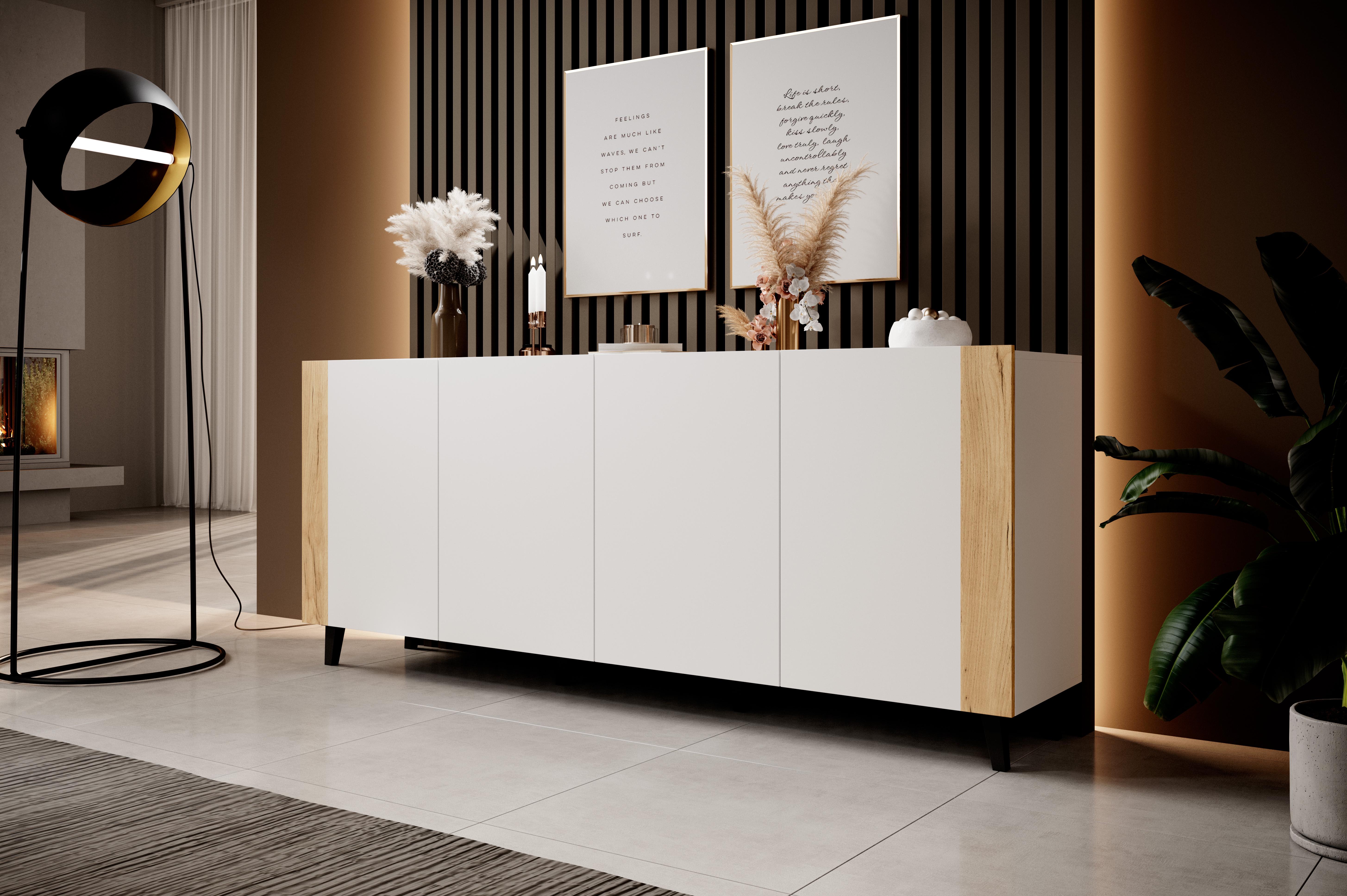 Комод в гостиную Сama Faro 200 4D из пластика/ламинированной ДСП/МДФ Черный/Белый матовый/Дуб крафт (56566)