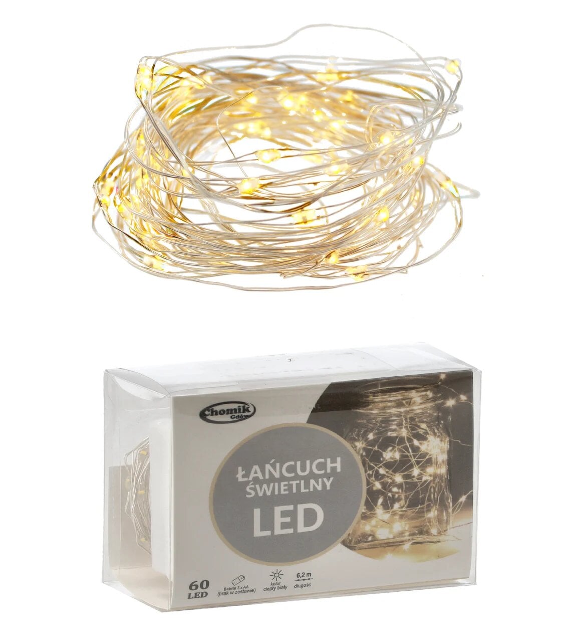 Гирлянда-струна 6,2 м 60 LED теплый белый серебристый провод (5900779802650)