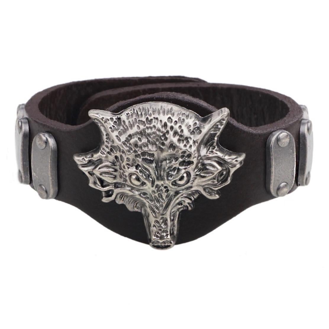 Браслет чоловічий шкіряний Biker wolf з металевою вставкою Коричневий (34122478)