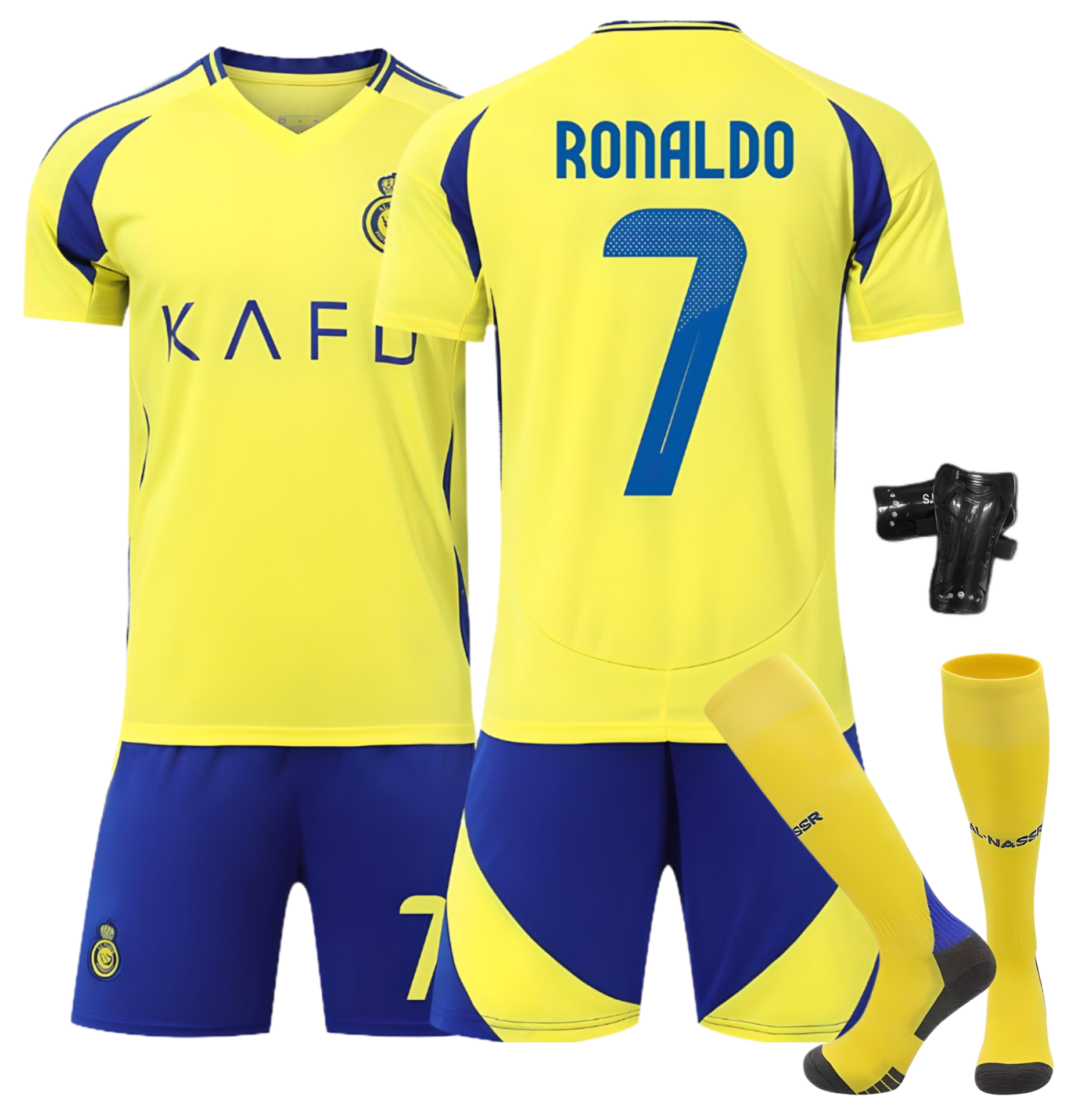 Форма футбольная детская Ronaldo 7 Al-Nasr сезон 24/25 с гетрами р. 34-38 и щитками р. 28 145-150 см Желтая с синим (054865cd)