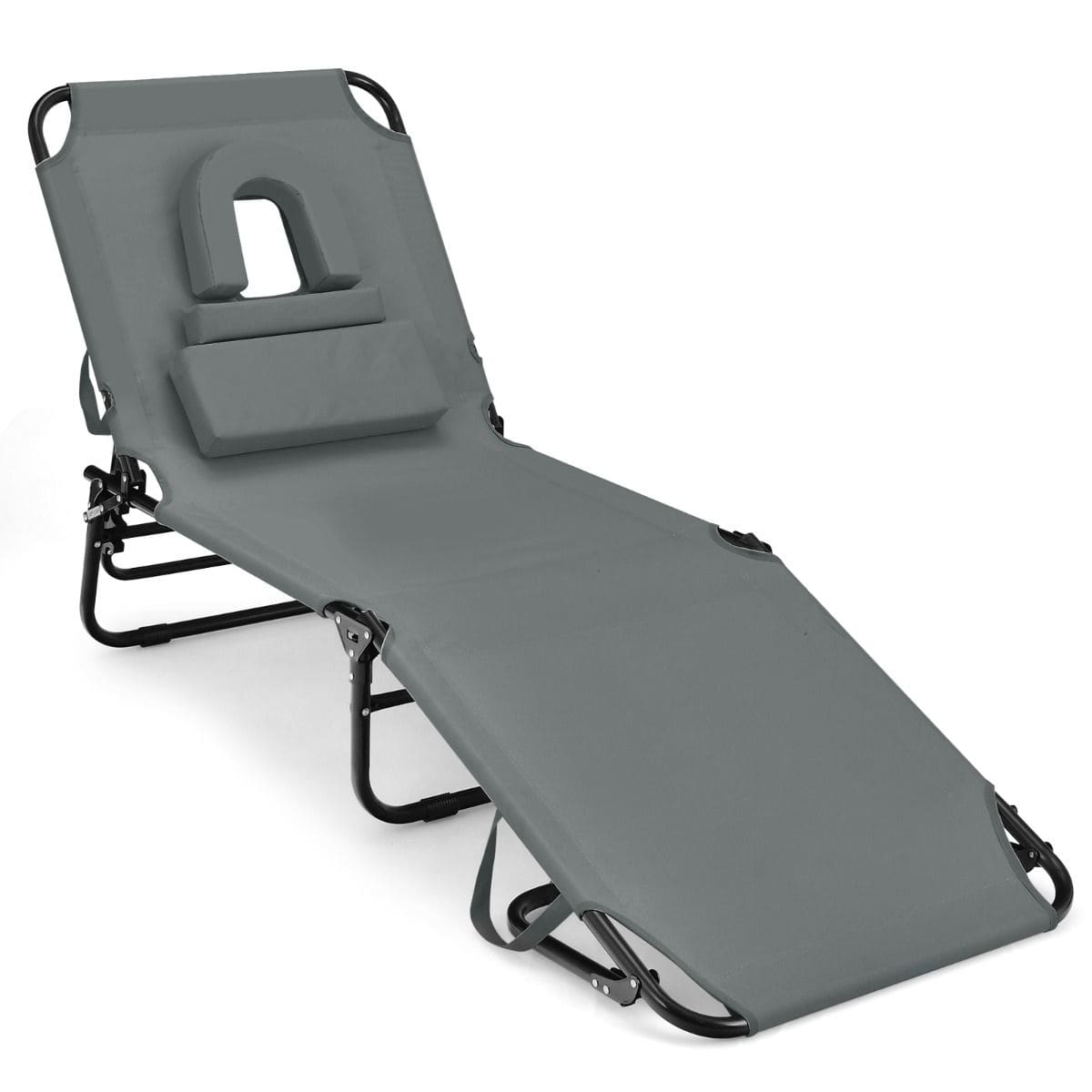 Шезлонг садовый складной с подушкой на металлическом каркасе 63x194x37 см Серый (COSTWAY-01161)