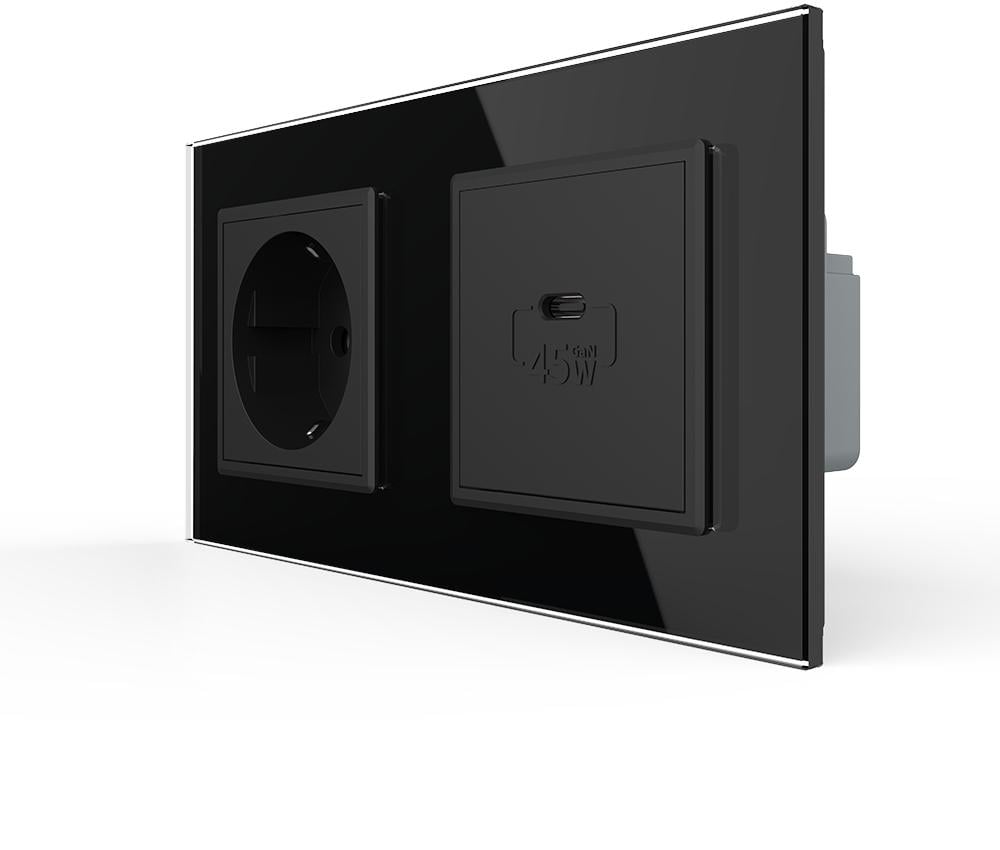 Розетка настенная LIVOLO с USB-C Power Delivery 45Вт дизайнерская стеклянная рамка Черный (VL-C7FCTC16A/FCUC-4BP)