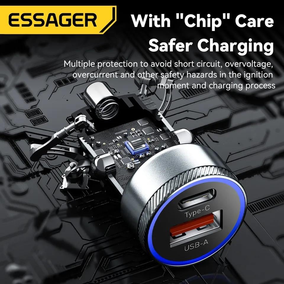 Зарядний пристрій автомобільний Essager Type-c 36w/USB qc 3.0 18w Metall 54W (25397275) - фото 3