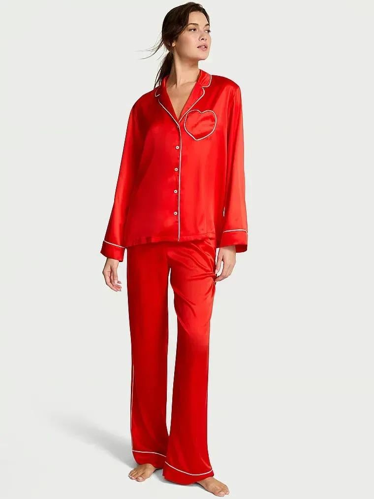 Пижама сатиновая Victoria's Secret Glazed Satin Heart Long Pajama Set Regular M Красный (27162639)