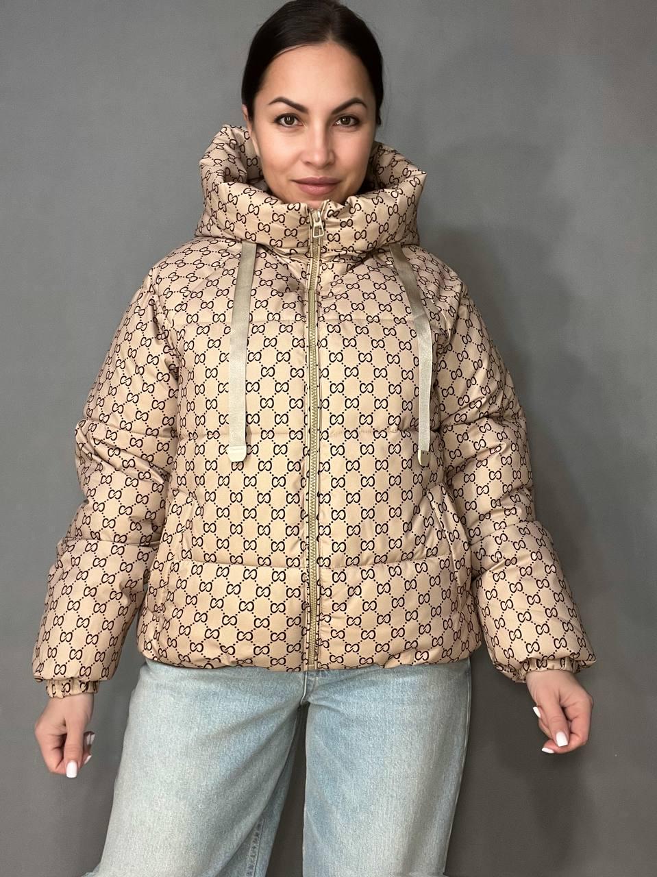 Куртка женская Haiziyuan 1630 узор средняя длина с капюшоном XL Капучино (3483)