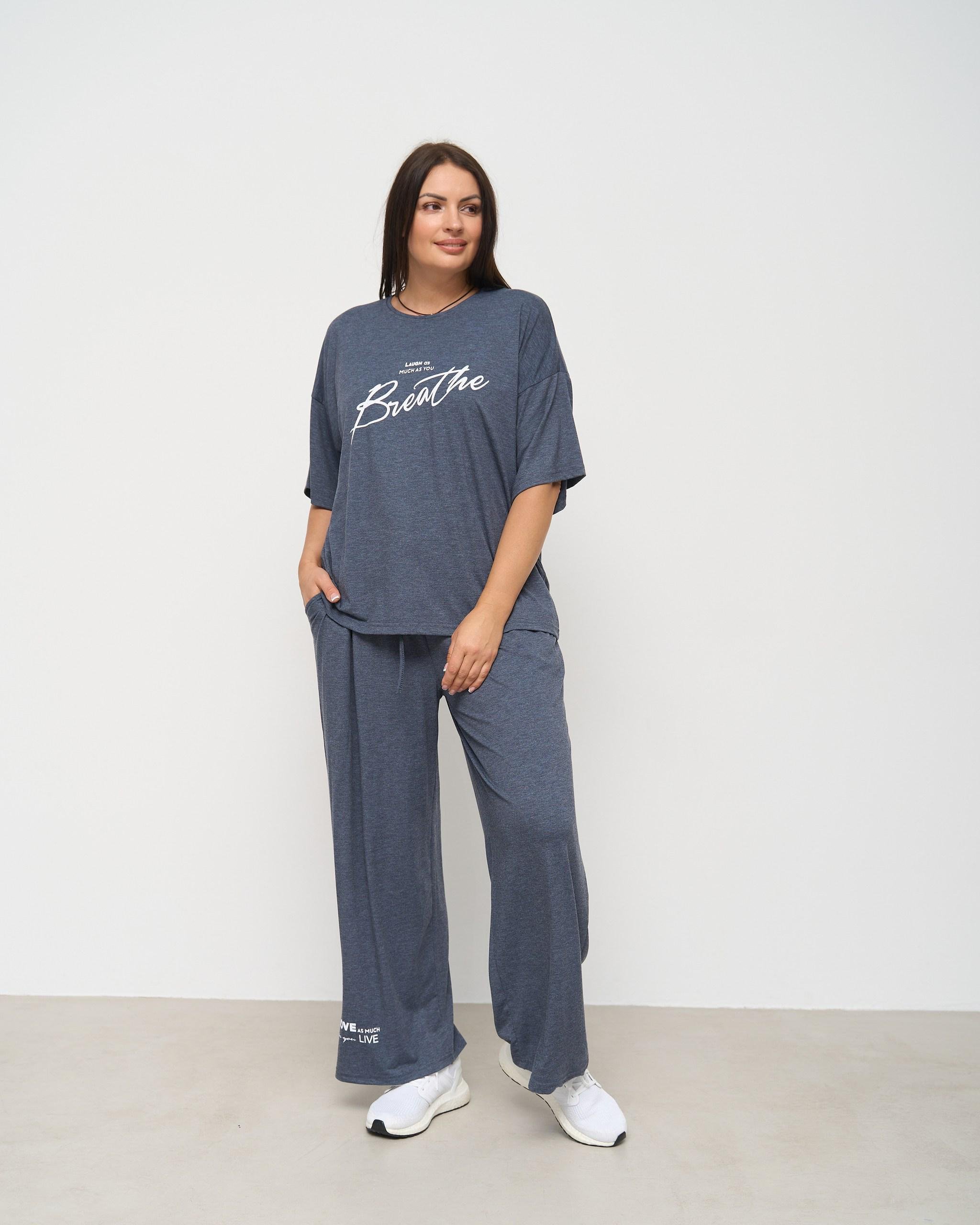 Пижама вискозная с широкими брюками батал Breathe 3XL Темно-синий (32047)