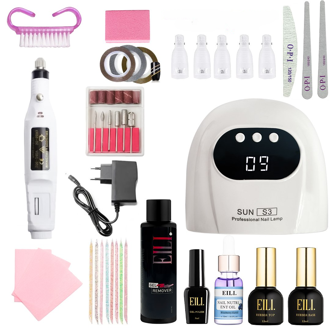 Стартовый набор для маникюра и педикюра с портативным фрезером USB 88 Вт и гель-лаками EILI база/топ/масло/инструменты (NEM-16)