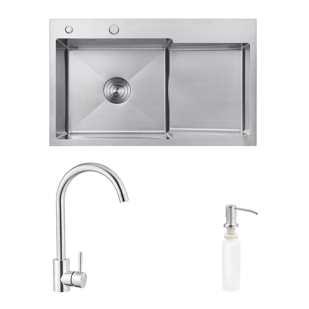 Комплект мийка кухонна Kroner Gebürstet-7848LHM/змішувач Edelstahl Klassisch-ESG035/дозатор Spender-016 (2669564671)