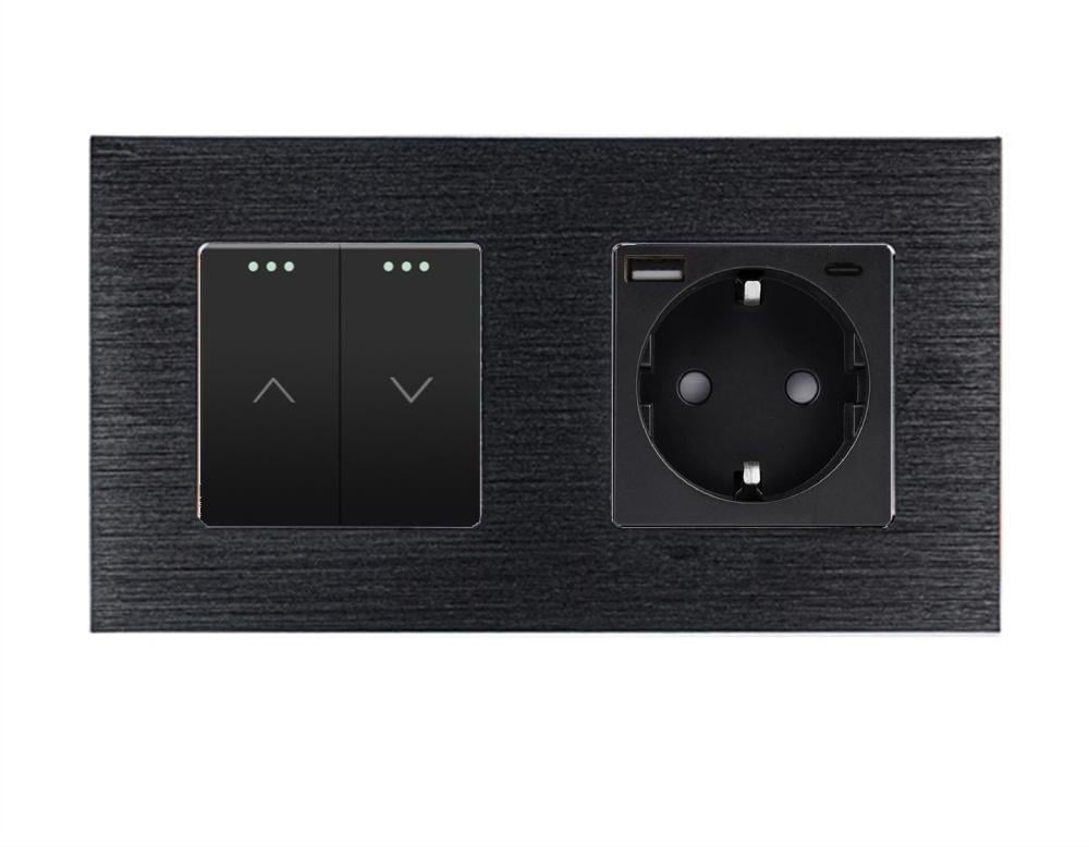 Выключатель двойной WALLPAD с розеткой и USB A+C 20Вт алюминий с заземлением Черный