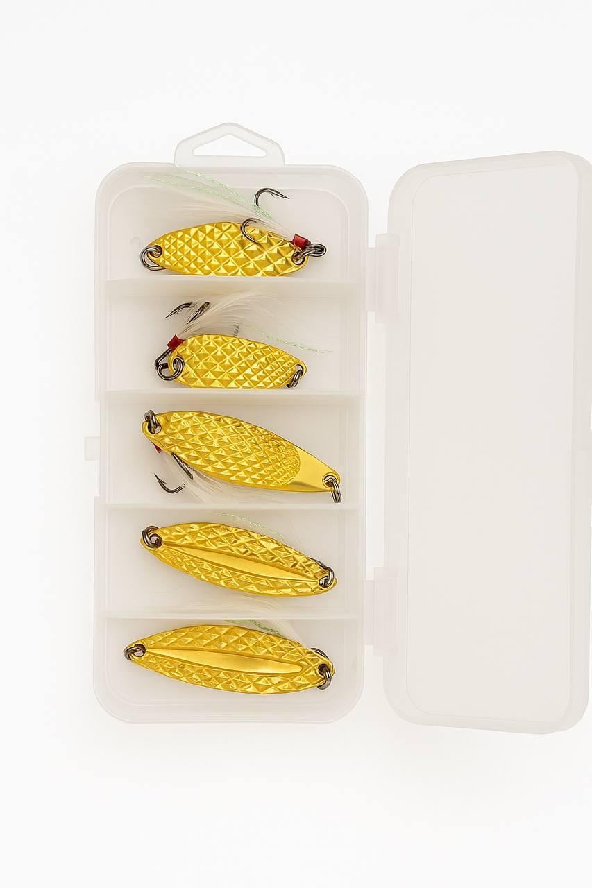 Набір наживок для риболовлі К5 блешні з гачками та коробка 5 шт. 7/10 г Золотий (Е051442) Набір наживок для риболовлі К5 блешні з гачками та коробка 5 шт. 7/10 г Золотий (Е051442)