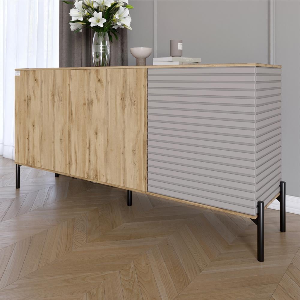 Комод закрытый в гостиную Lion Грей на черных металлических ножках 154x38x76,5 см Дуб Аппалачи/Кашемир (000-000-2156)