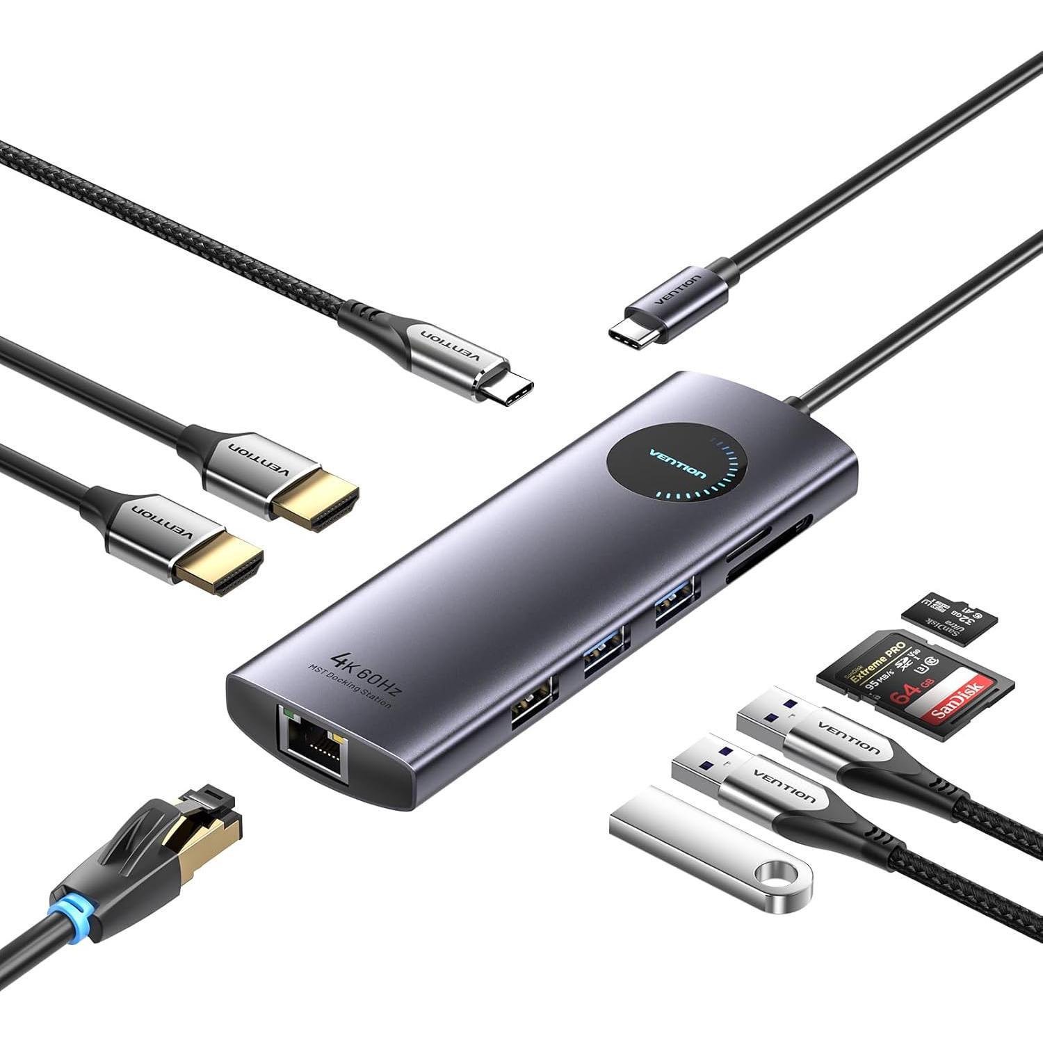 Док-станція Vention USB-C MST 2xHDMI 4K 60Hz PD 100W Gigabit Ethernet USB 3.0 SD/TF 0.15 м Сірий (TQVHB) Док-станція Vention USB-C MST 2xHDMI 4K 60Hz PD 100W Gigabit Ethernet USB 3.0 SD/TF 0.15 м Сірий (TQVHB)