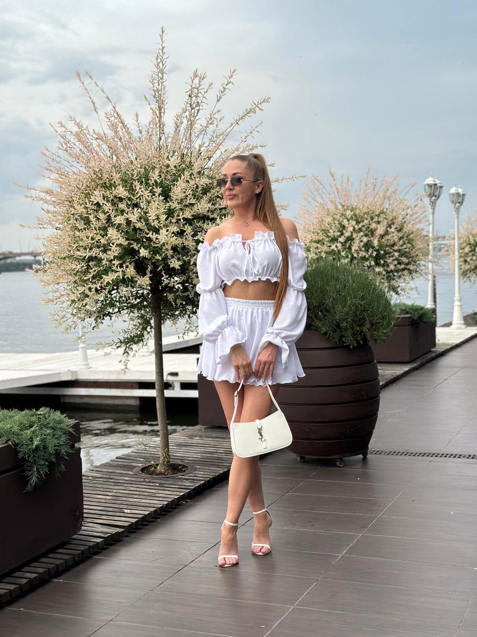 Костюм женский из креп жатки топ с длинными рукавами и юбка-шорты 3XL Белый (2628190786) - фото 2 Костюм женский из креп жатки топ с длинными рукавами и юбка-шорты 3XL Белый (2628190786) - фото 2