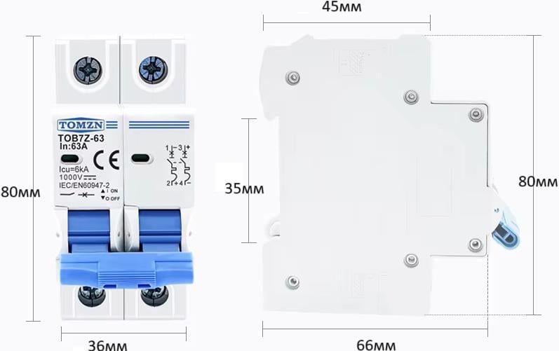 Автоматичний вимикач TOMZN TOB1Z-63 двополюсний до 1000V (TOB7Z_63А-2P) - фото 8 Автоматичний вимикач TOMZN TOB1Z-63 двополюсний до 1000V (TOB7Z_63А-2P) - фото 8