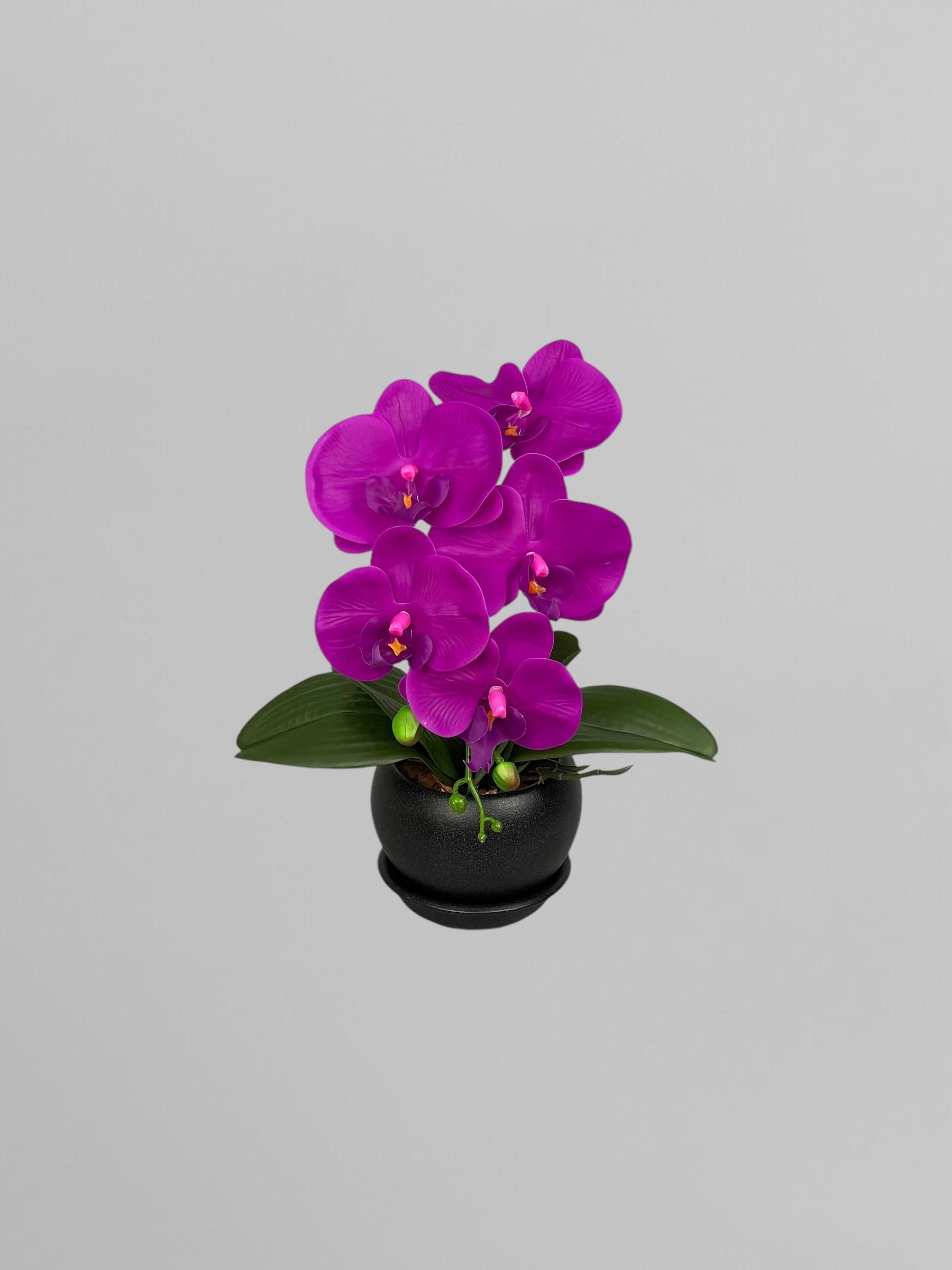 Композиция из искусственных мини орхидей из латекса 1 веточка в черном керамическом кашпо Фиолетовый (А093)