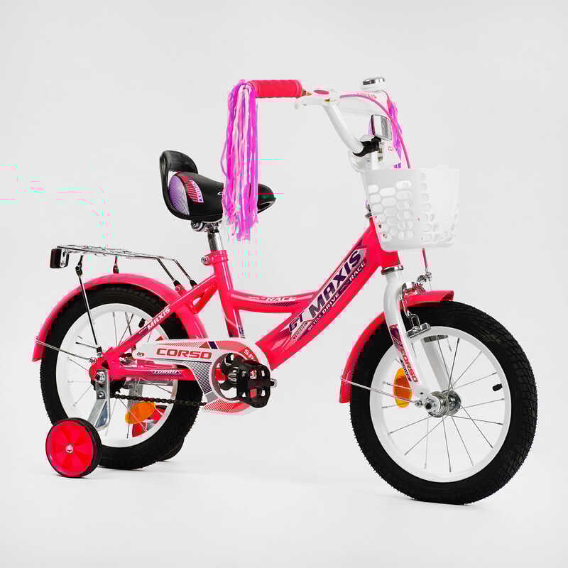 Дитячий велосипед двоколісний Corso для дівчинки 14" ручне гальмо Рожевий (128272)