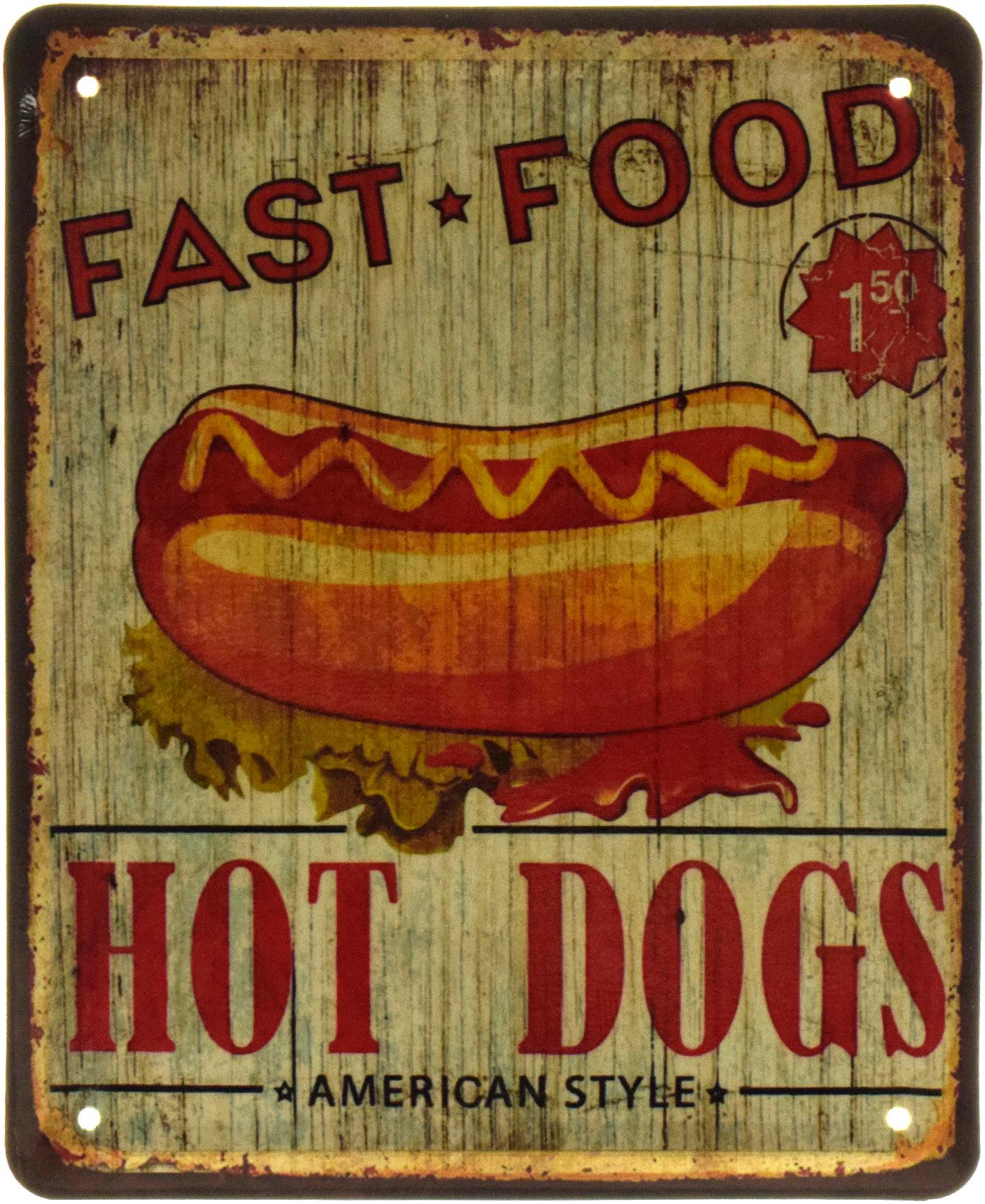 Табличка металлическая "Hot Dogs American Style Fast Food" 18x22 см (ms-103596)