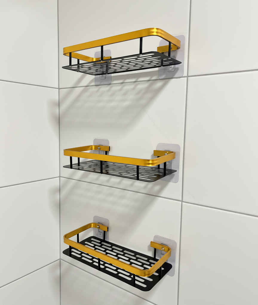 Набір полиць у ванну 3 шт. металеві на самоклеючу плівку 30х13х5 см Чорний з золотом