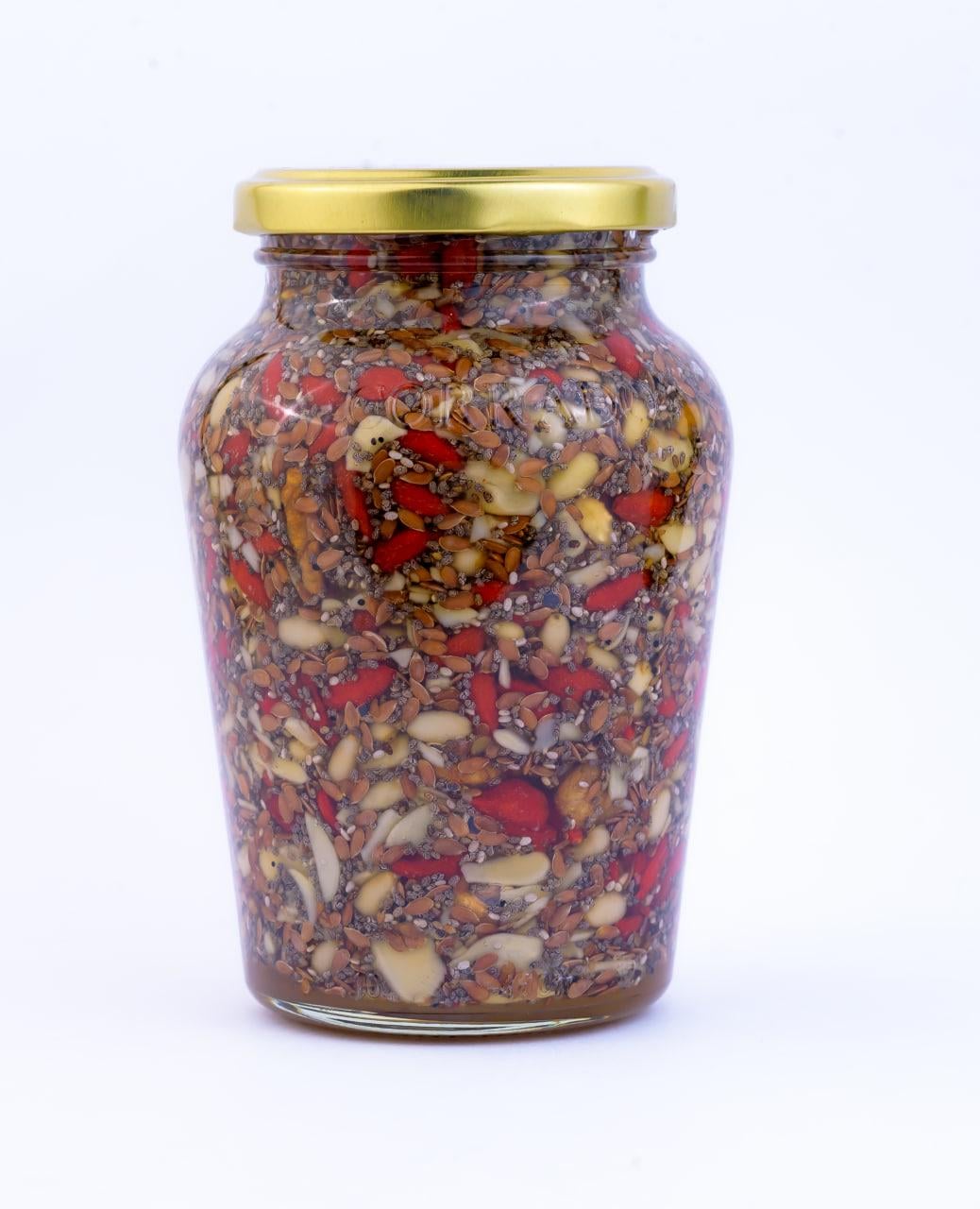 Горіхи LOVE HONEY Суперфуд кедровий горіх/мигдальні пластівці/ягоди годжі/насіння чіа/волоський горіх/насіння льону та травневий мед без цукру 570 г