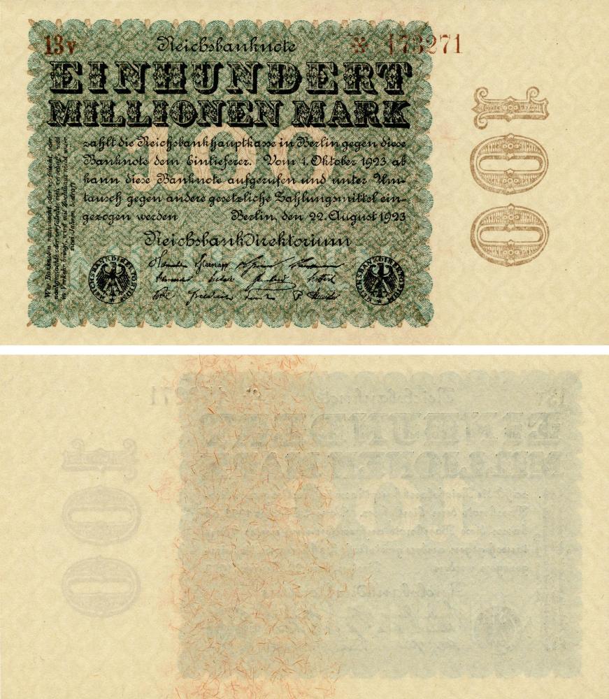 Коллекционная банкнота Германия 100000000 марок 1923 AU-UNC 100 Millionen P107b (Б17968)