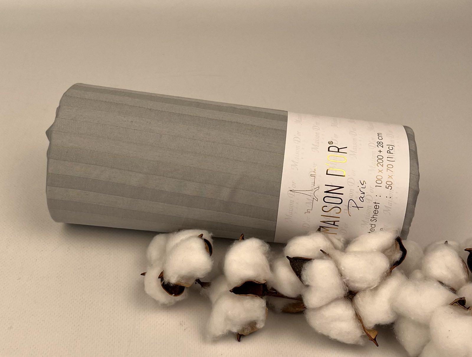 Простынь на резинке Maison D'or 100x200 см с наволочкой страйп-сатин Grey (CN25538)