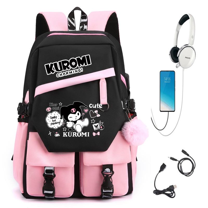 Школьный рюкзак для девочки KUROMI в японском стиле с помпоном и USB-кабелем PINK (2444710993) - фото 11
