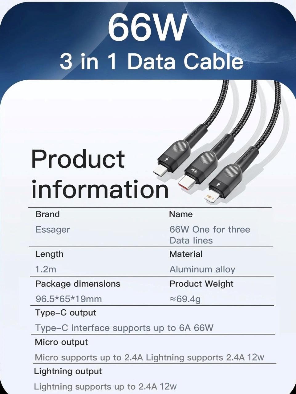 Кабель Essager 66w 3в1 Type-C/Lightning/microUSB-USB 120 см (25397249) - фото 9