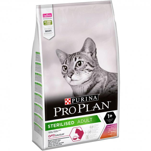 Корм сухой для стерилизованных кошек и кастрированных котов Purina Pro Plan Sterilised 1+ с уткой и печенью 10 кг (7613036732727)