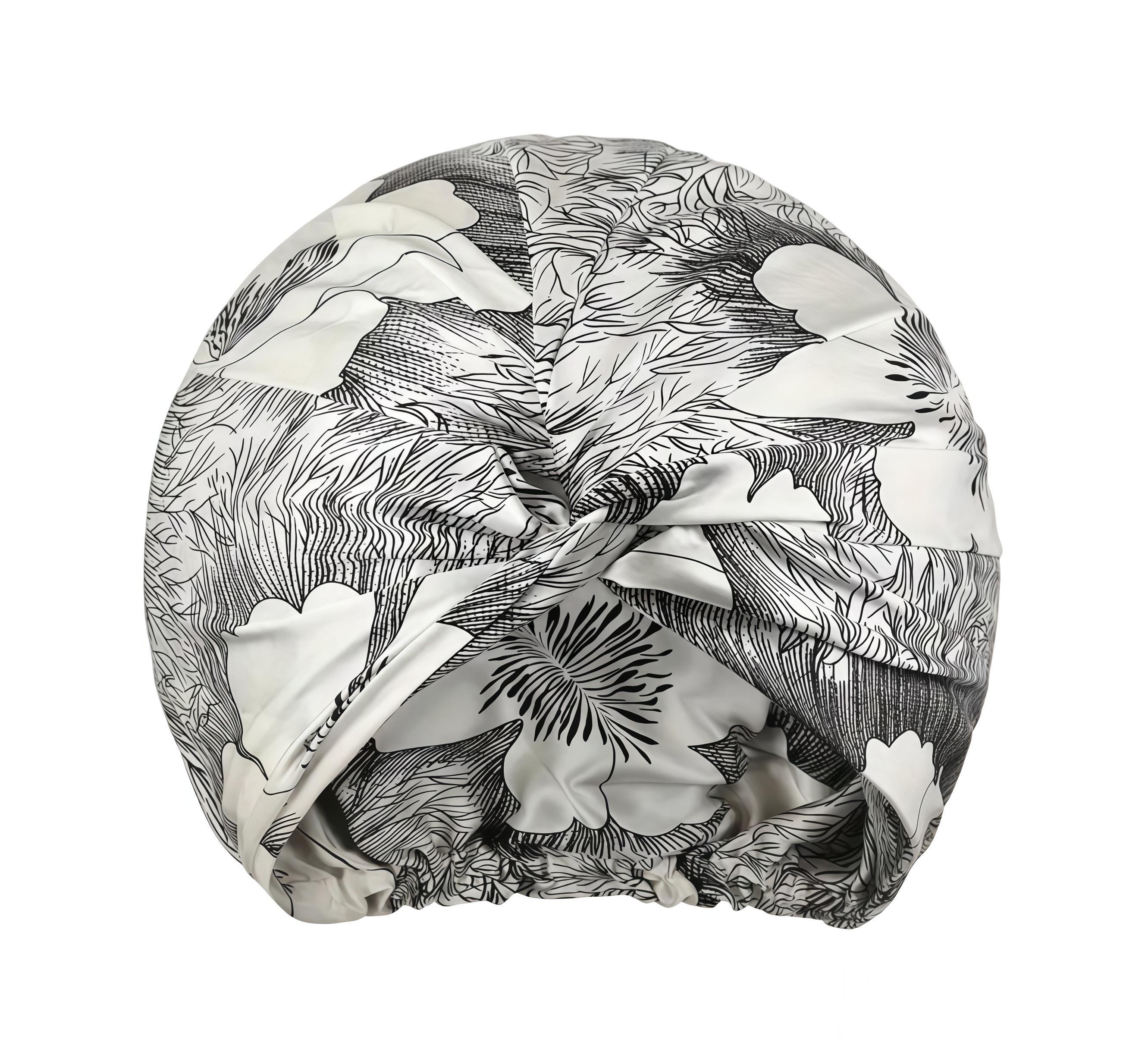 Бонет для волос двухслойный шелковый Черно-белый принт