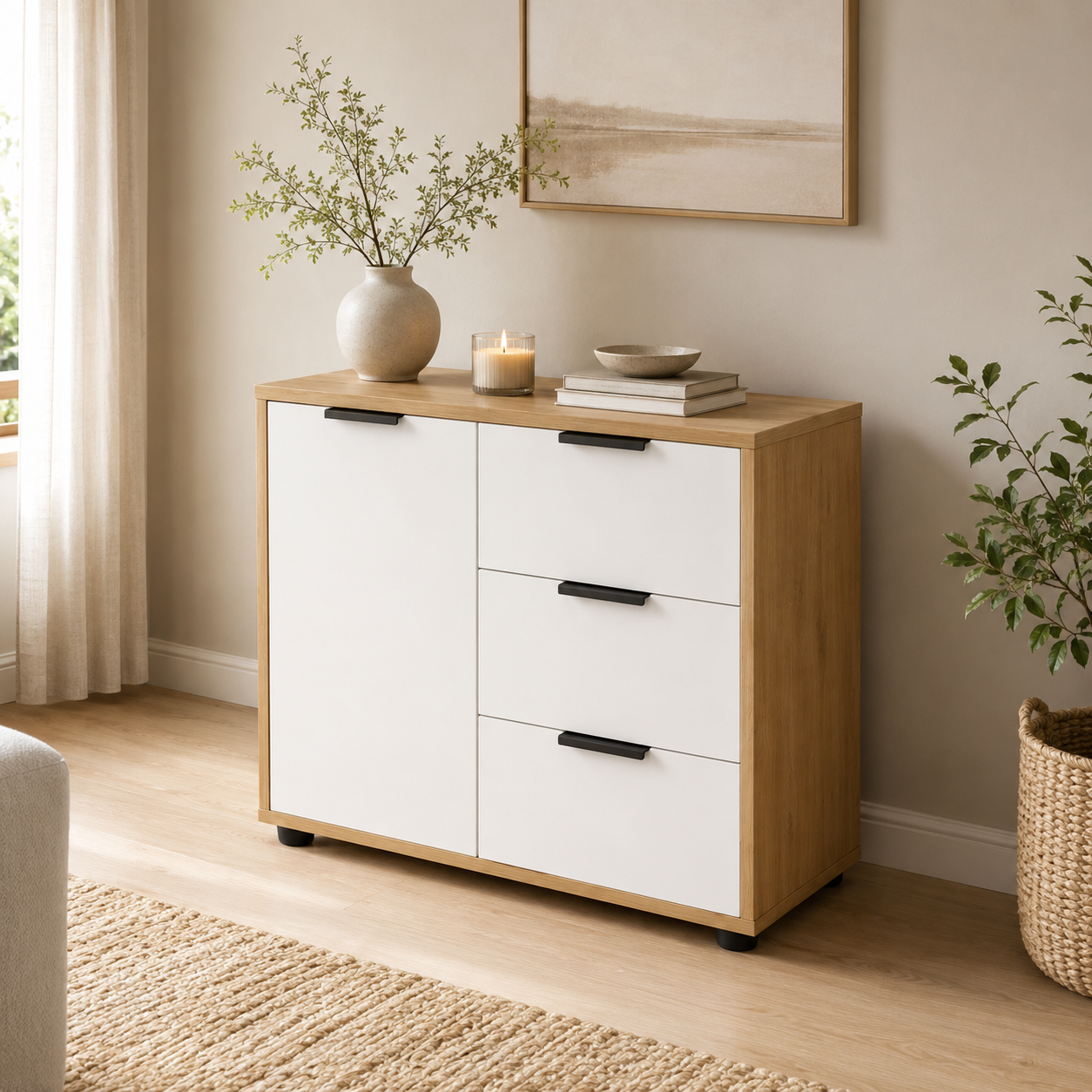 Комод Elva 800x450x750 с ящиками и полками Белый/Дуб Артизан (Elva WH/DA) Комод Elva 800x450x750 с ящиками и полками Белый/Дуб Артизан (Elva WH/DA)