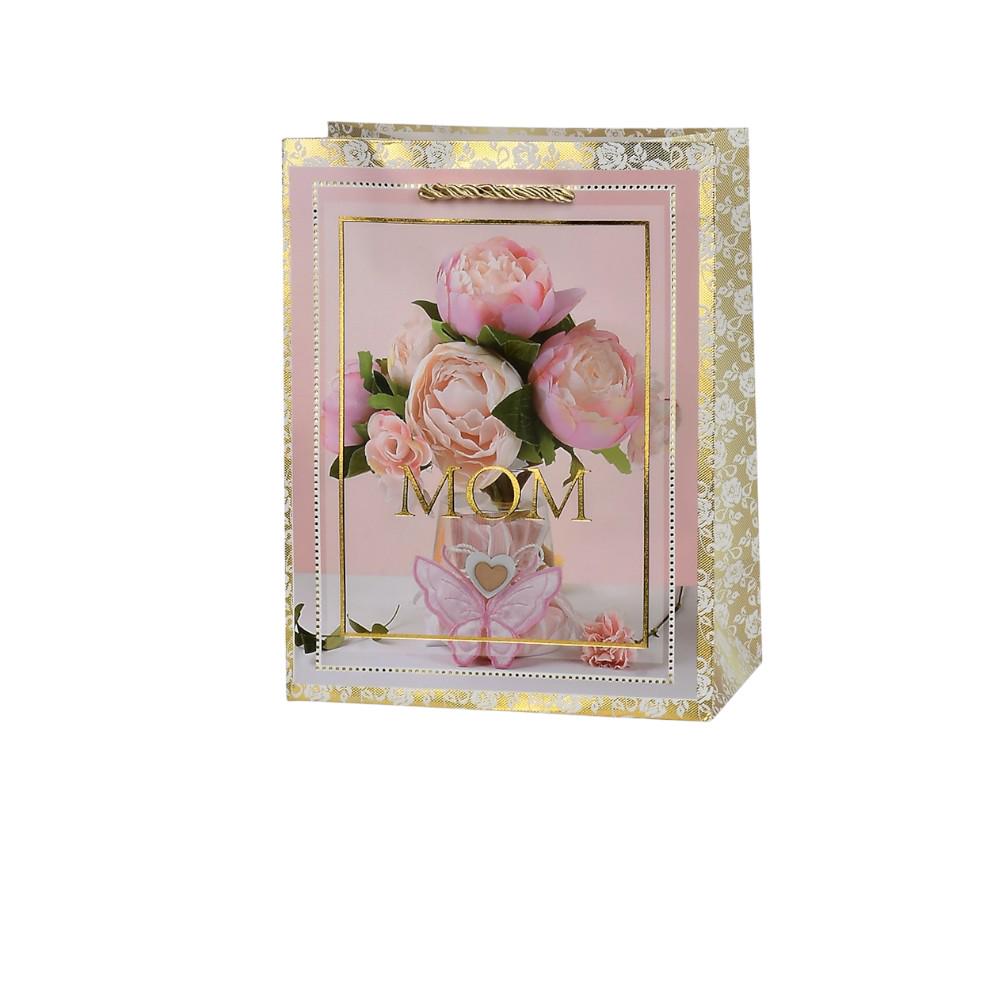 Подарочный пакет Stenson Mom Цветы 30х41,5х12 см Золотой с розовым (R33180-L)