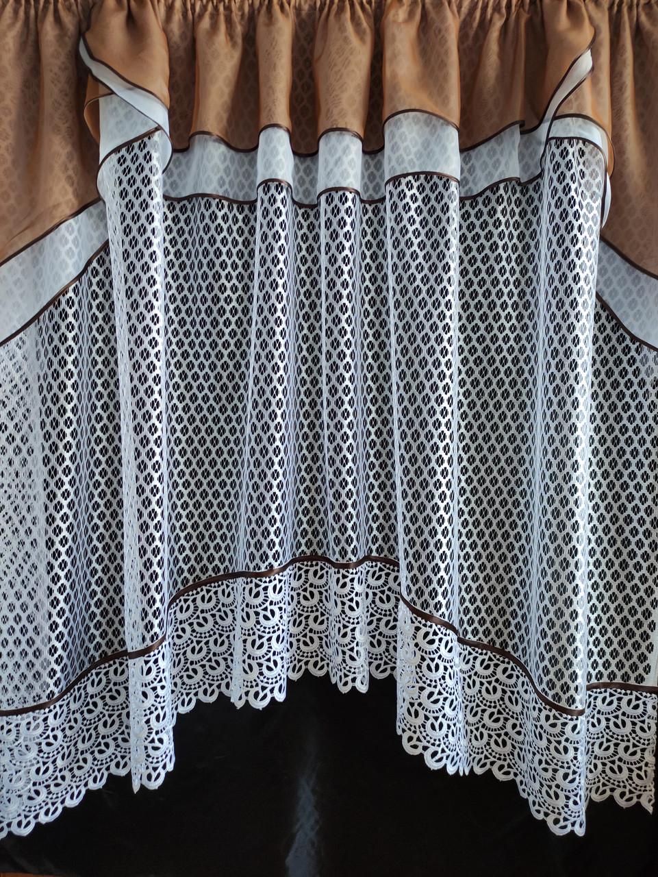 Занавеска Дубль с двойным ламбрекеном 280х180 см Белый с коричневым (длк-03)