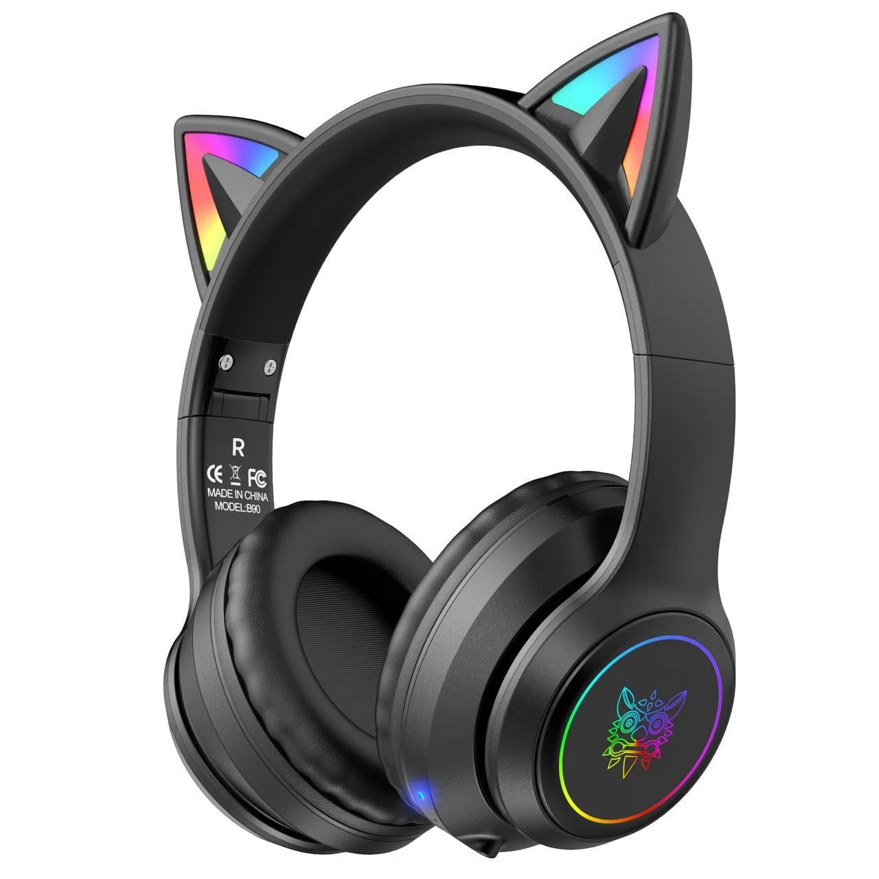 Наушники игровые Bluetooth Onikuma с кошачьими ушками RGB подсветкой и микрофоном беспроводные для геймеров и стримеров