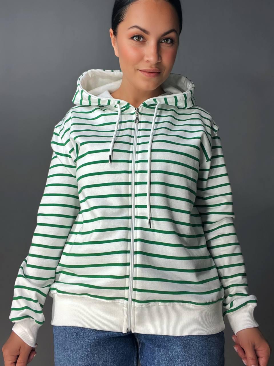 Толстовка жіноча PEPPER MINT 24-01 в смужку на блискавці з капюшоном OS Зелений (1371) - фото 4