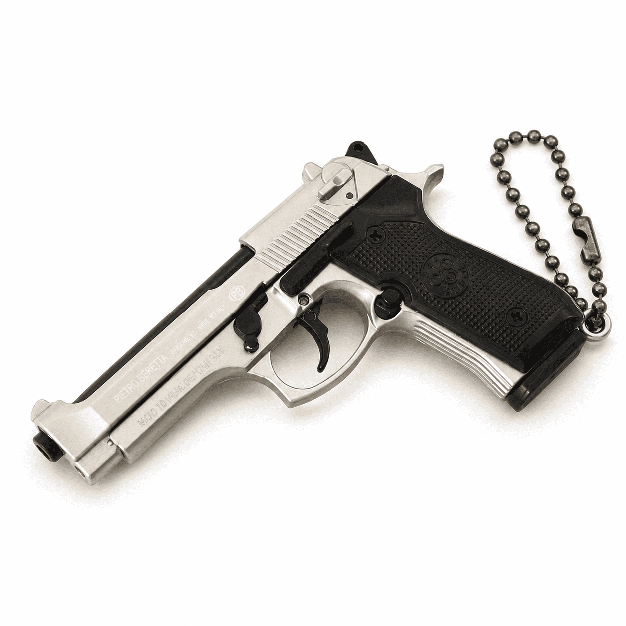 Брелок металлический пистолет Beretta M92 1:3 со съемной обоймой подвижным затвором и курком разборной с цепочкой и патроном 75 мм